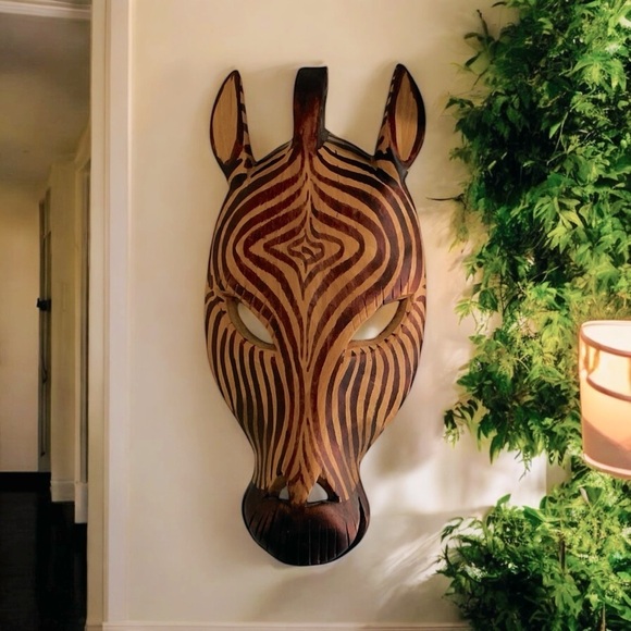 Hand Carved in Kenya Other - African Wooden Zebra Head Mask Painted Hand Carved Hanging Wall Art Decor